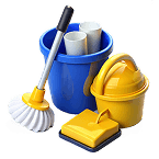 Illustration of cleaning supplies like mop and bucket
